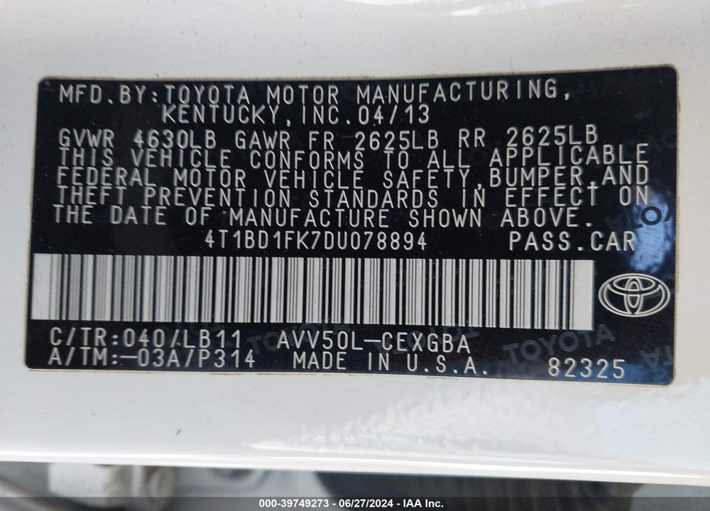 2013 TOYOTA CAMRY HYBRID XLE VIN: 4T1BD1FK7DU078894