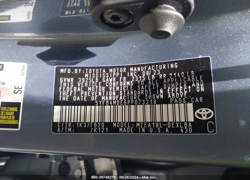 2023 TOYOTA COROLLA LE VIN: 5YFB4MDE6PP073318