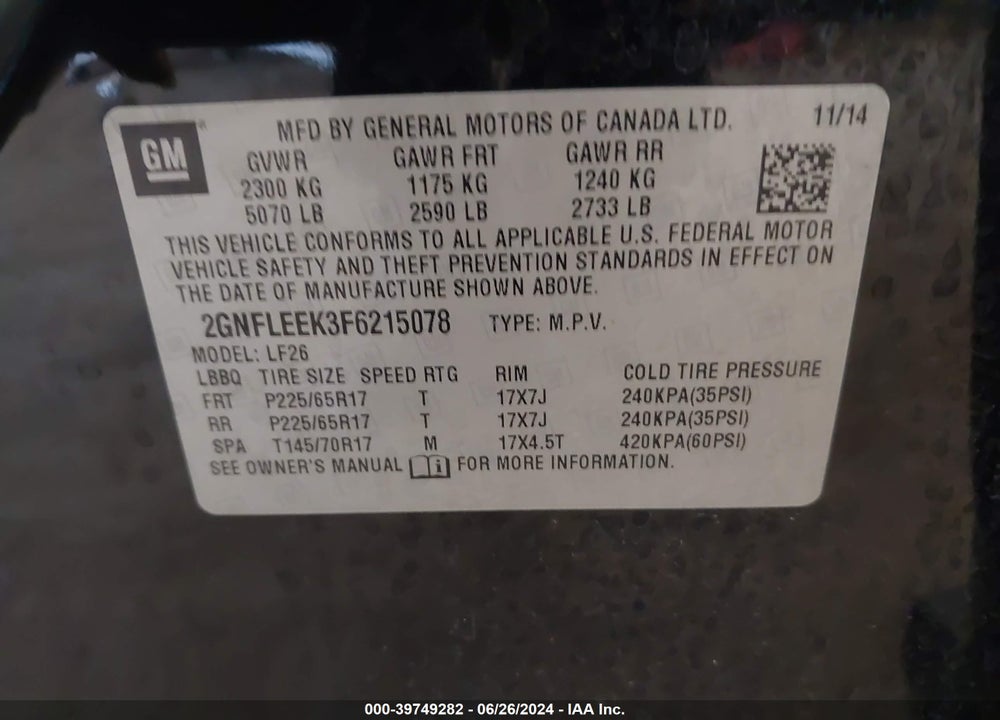 2015 CHEVROLET EQUINOX LS VIN: 2GNFLEEK3F6215078
