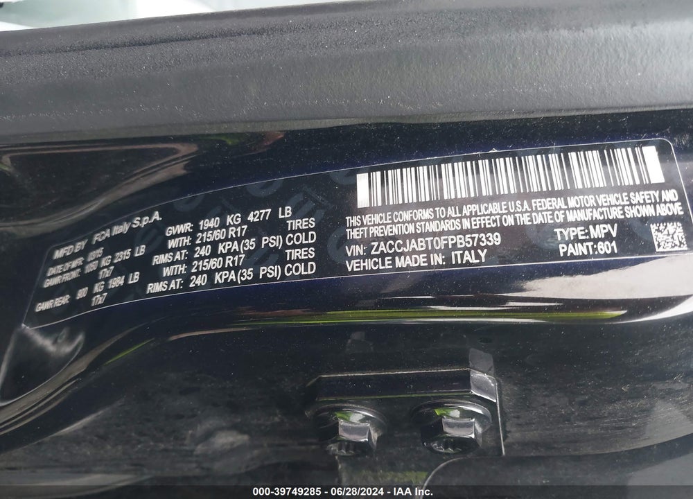 2015 JEEP RENEGADE LIMITED VIN: ZACCJADT0FPB57339
