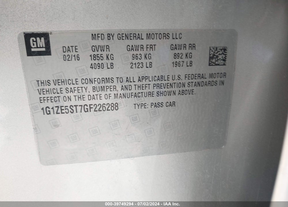 2016 CHEVROLET MALIBU 1LT VIN: 1G1ZE5ST7GF226288