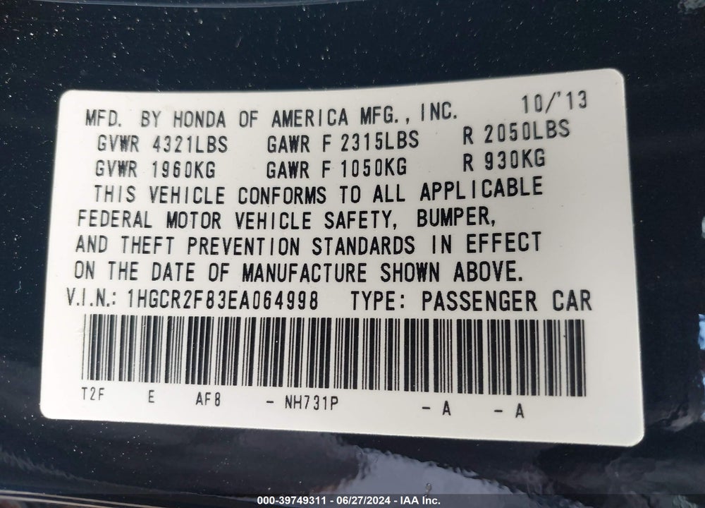 2014 HONDA ACCORD EX-L VIN: 1HGCR2F83EA064998