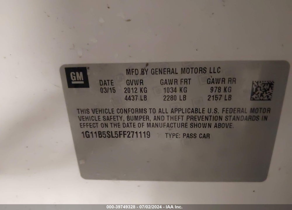 2015 CHEVROLET MALIBU LS VIN: 1G11B5SL5FF271119