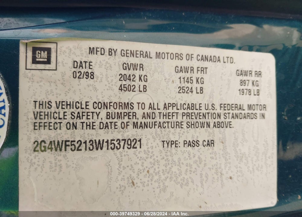 1998 BUICK REGAL GS CMI VIN: 2G4WF5213W1537921