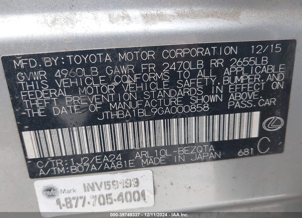 2016 LEXUS GS 200T VIN: JTHBA1BL9GA000858
