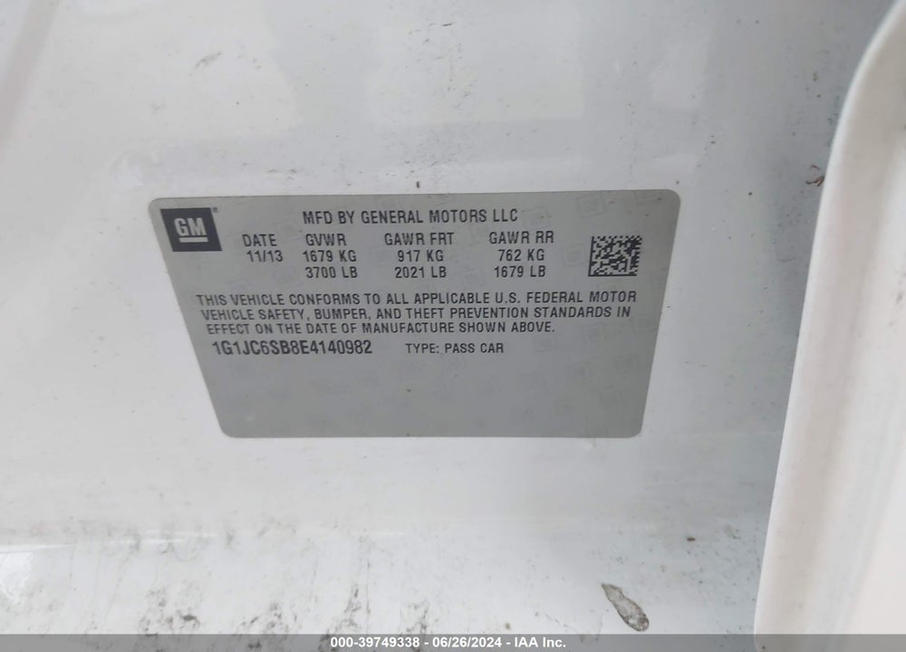 2014 CHEVROLET SONIC LT AUTO VIN: 1G1JC6SB8E4140982