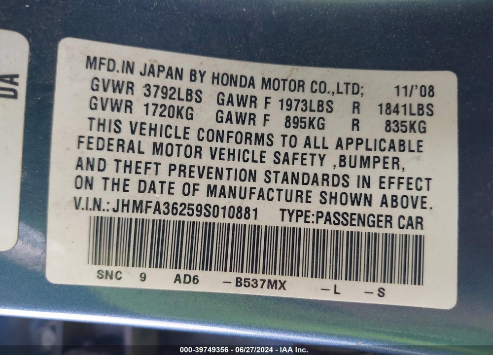 2009 HONDA CIVIC HYBRID VIN: JHMFA36259S010881