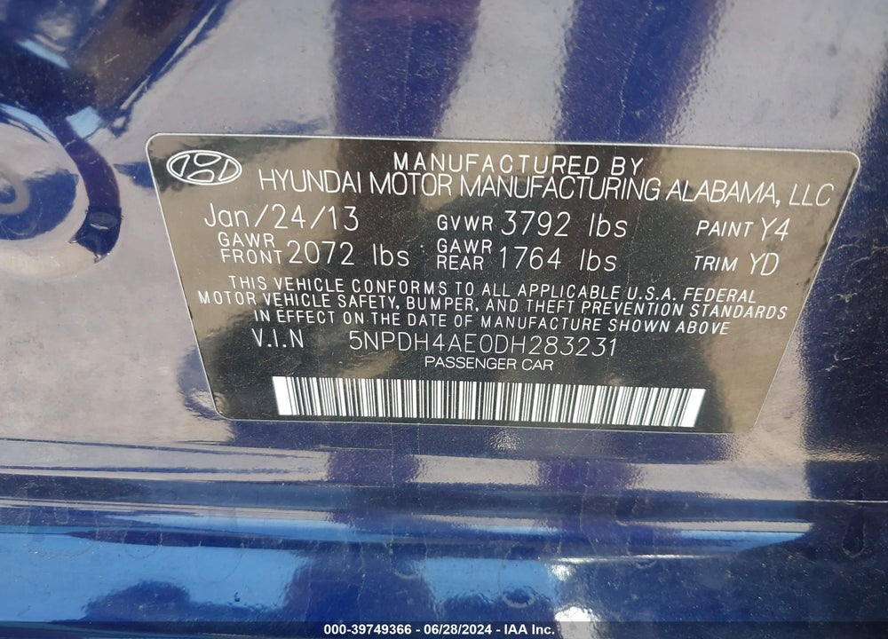 2013 HYUNDAI ELANTRA GLS VIN: 5NPDH4AE0DH283231