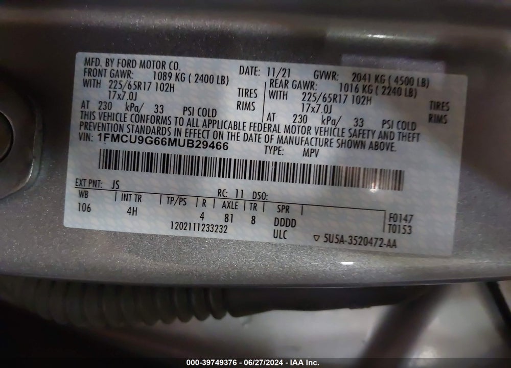 2021 FORD ESCAPE SE VIN: 1FMCU9G66MUB29466