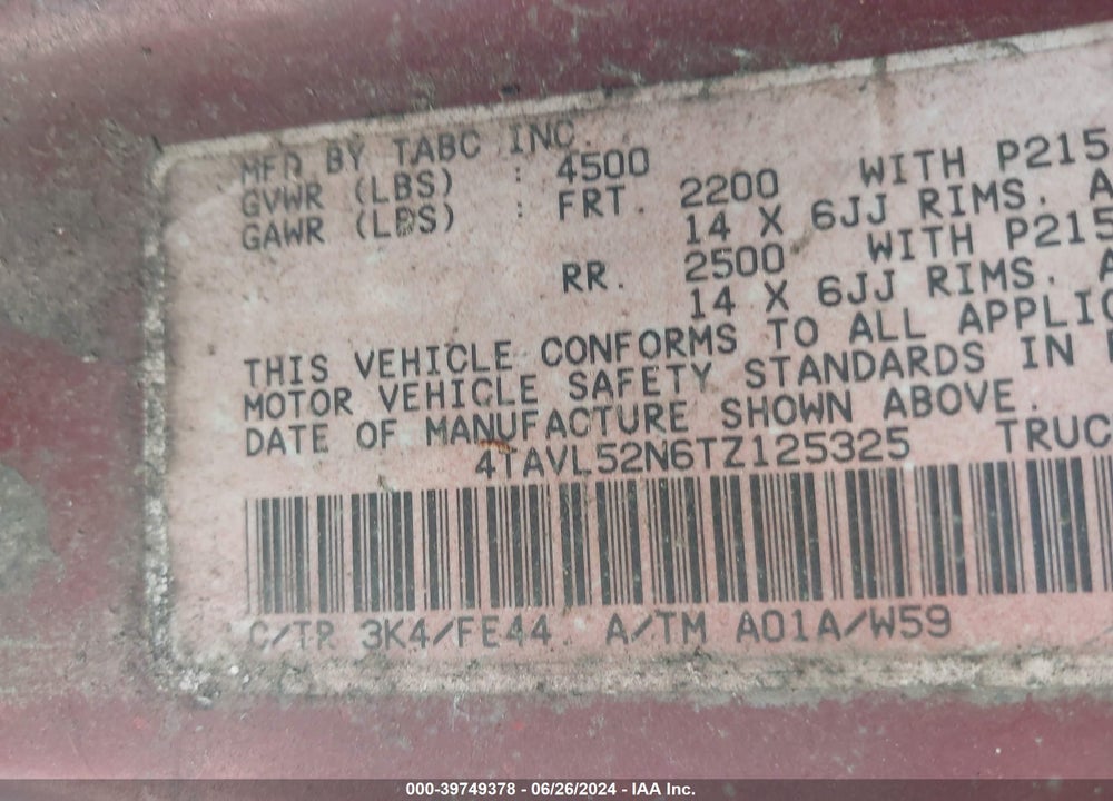 1996 TOYOTA TACOMA XTRACAB VIN: 4TAVL52N6TZ125325