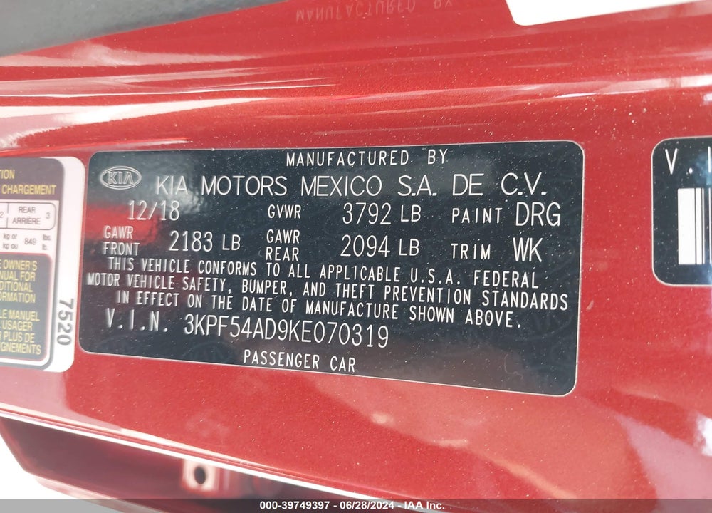 2019 KIA FORTE EX VIN: 3KPF54AD9KE070319