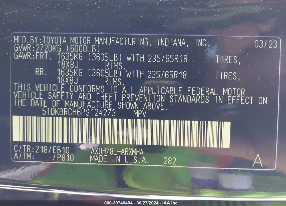 2023 TOYOTA HIGHLANDER HYBRID XLE VIN: 5TDKBRCH6PS124273