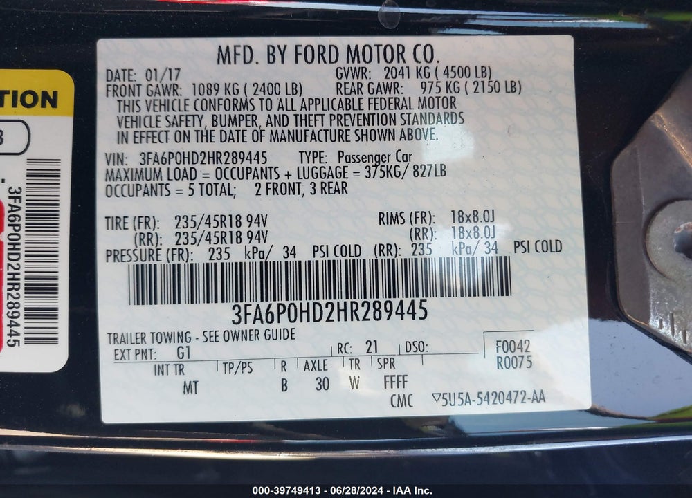 2017 FORD FUSION SE VIN: 3FA6P0HD2HR289445