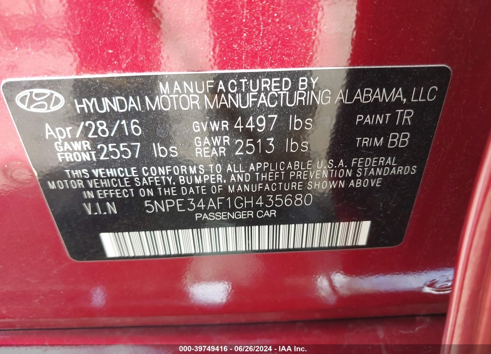 2016 HYUNDAI SONATA LIMITED VIN: 5NPE34AF1GH435680