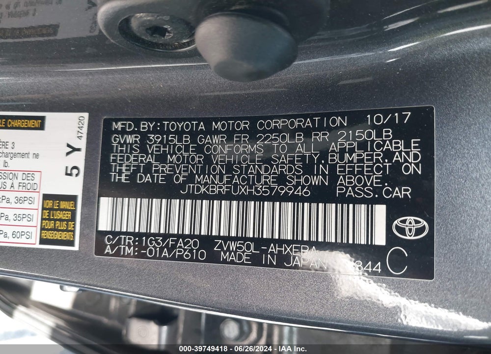 2017 TOYOTA PRIUS TWO VIN: JTDKBRFUXH3579946