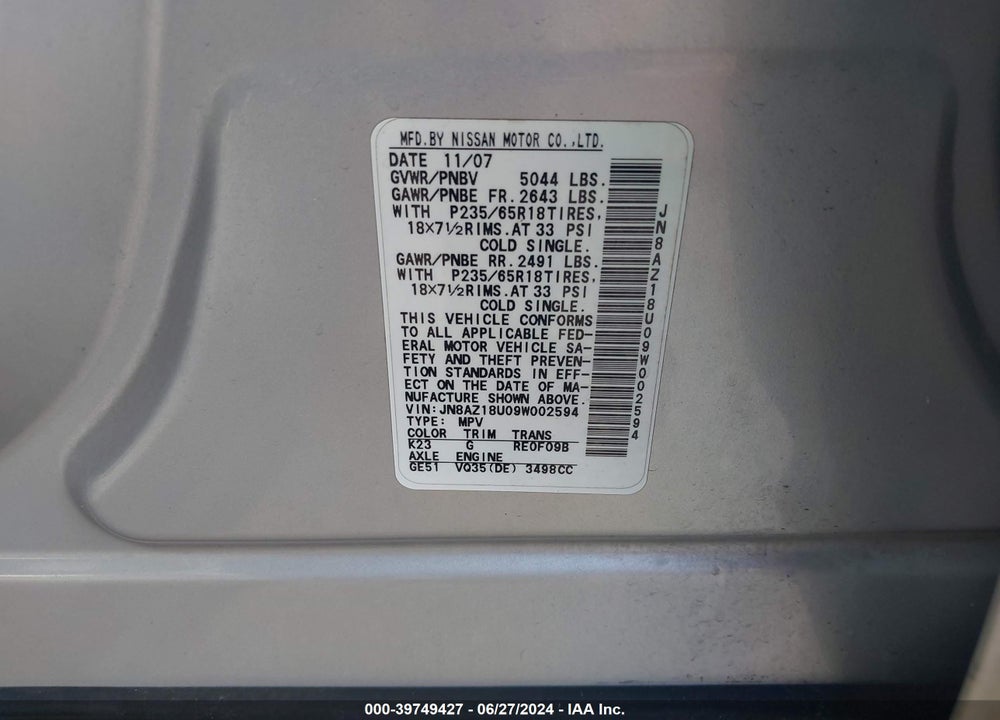 2009 NISSAN MURANO SL VIN: JN8AZ18U09W002594