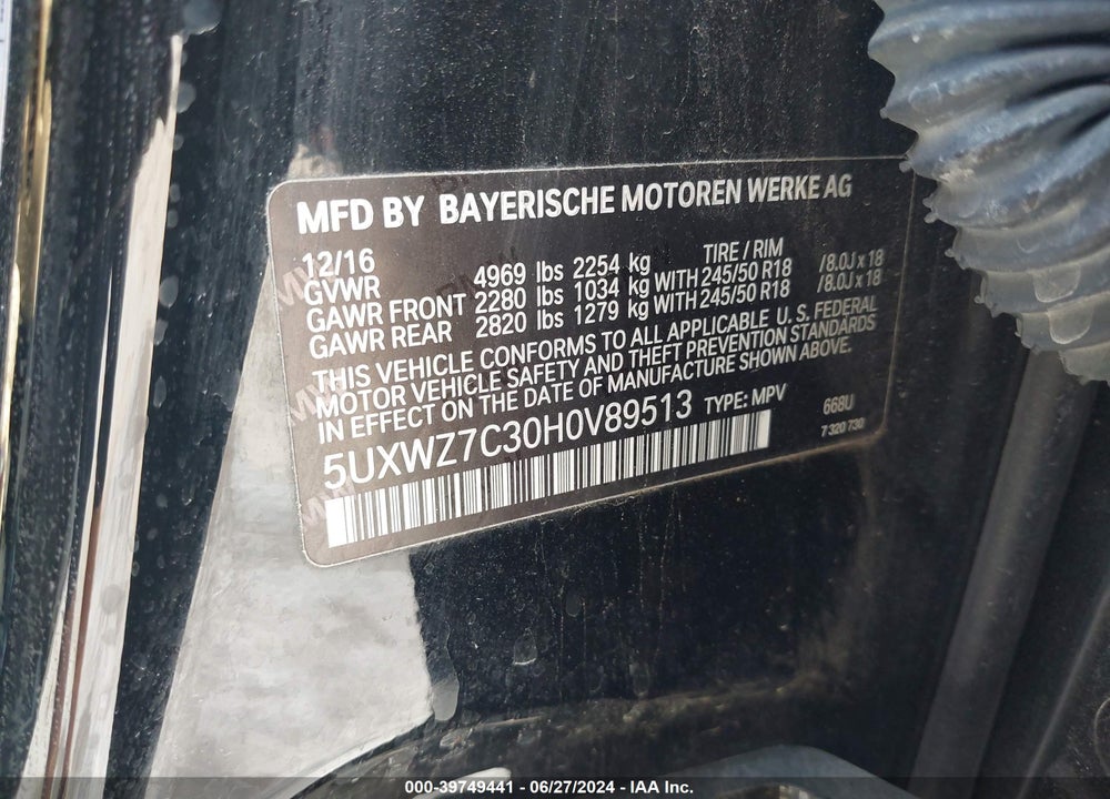 2017 BMW X3 SDRIVE28I VIN: 5UXWZ7C30H0V89513