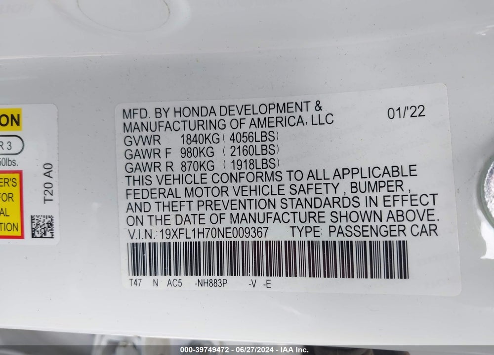2022 HONDA CIVIC EX-L VIN: 19XFL1H70NE009367