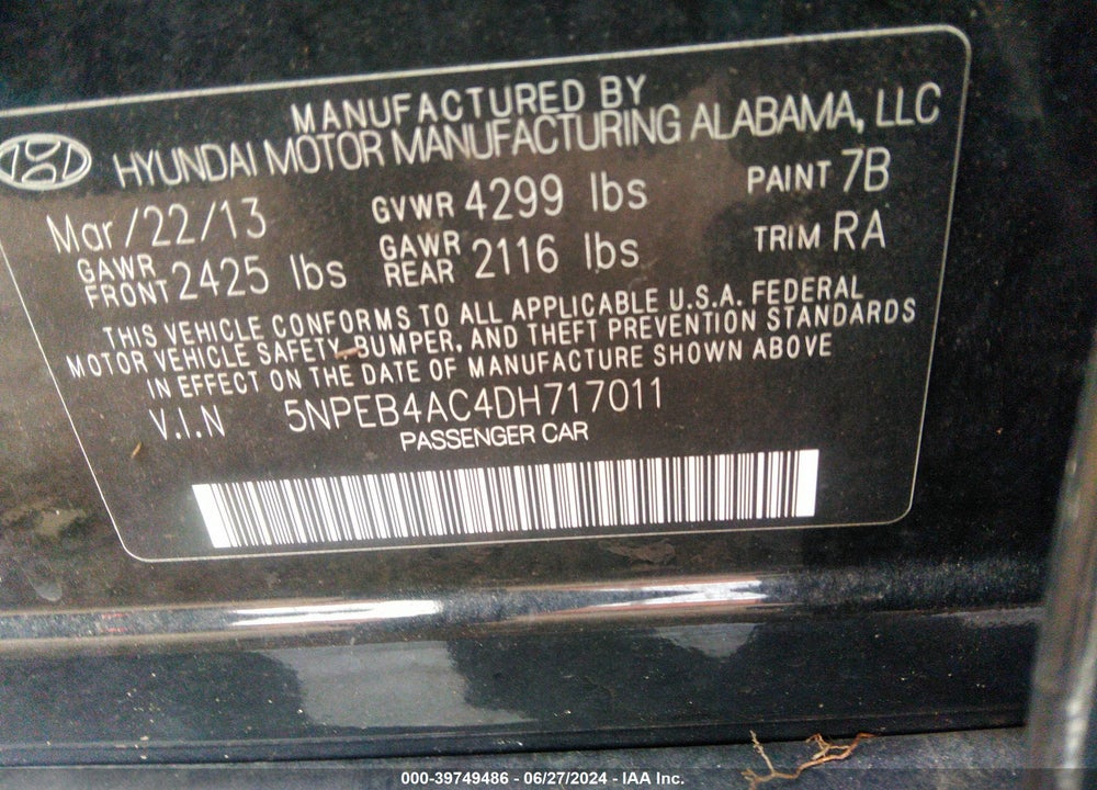 2013 HYUNDAI SONATA GLS VIN: 5NPEB4AC4DH717011