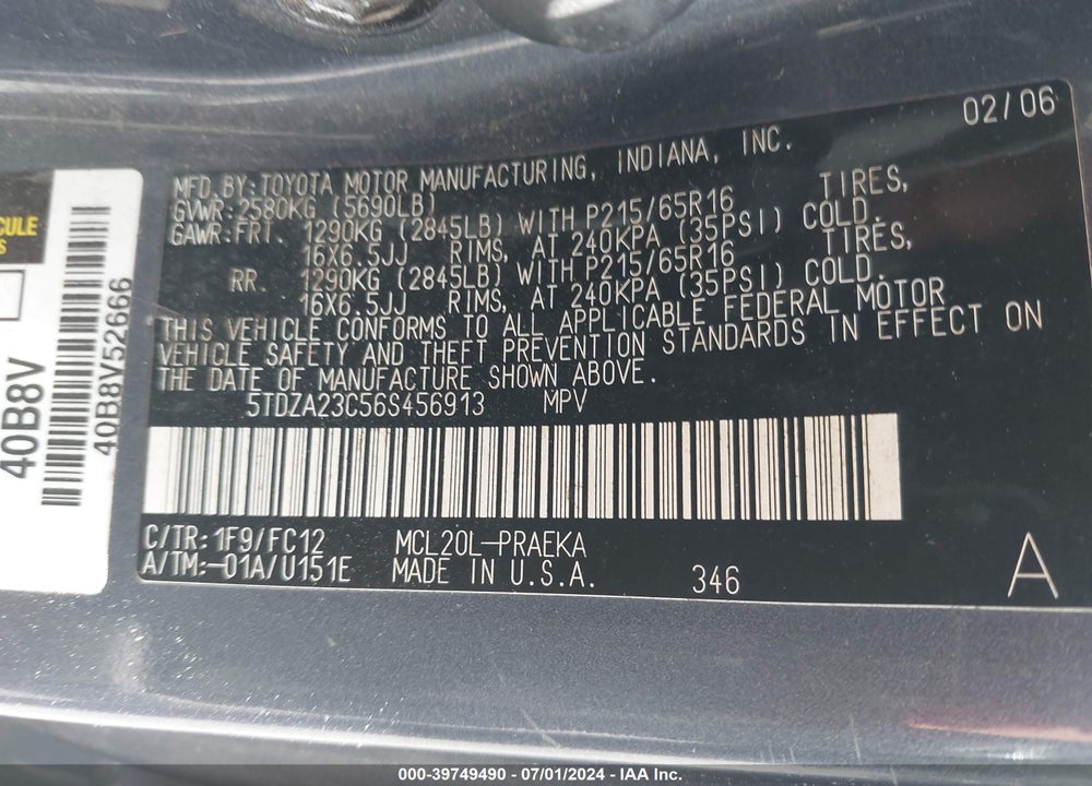 2006 TOYOTA SIENNA LE VIN: 5TDZA23C56S456913