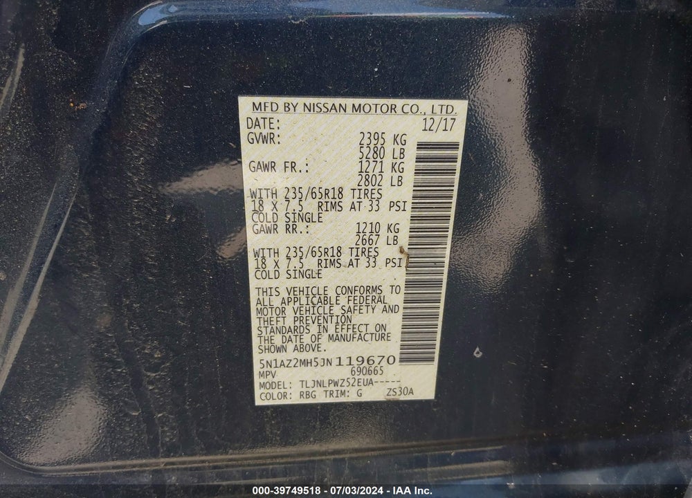 2018 NISSAN MURANO S VIN: 5N1AZ2MH5JN119670