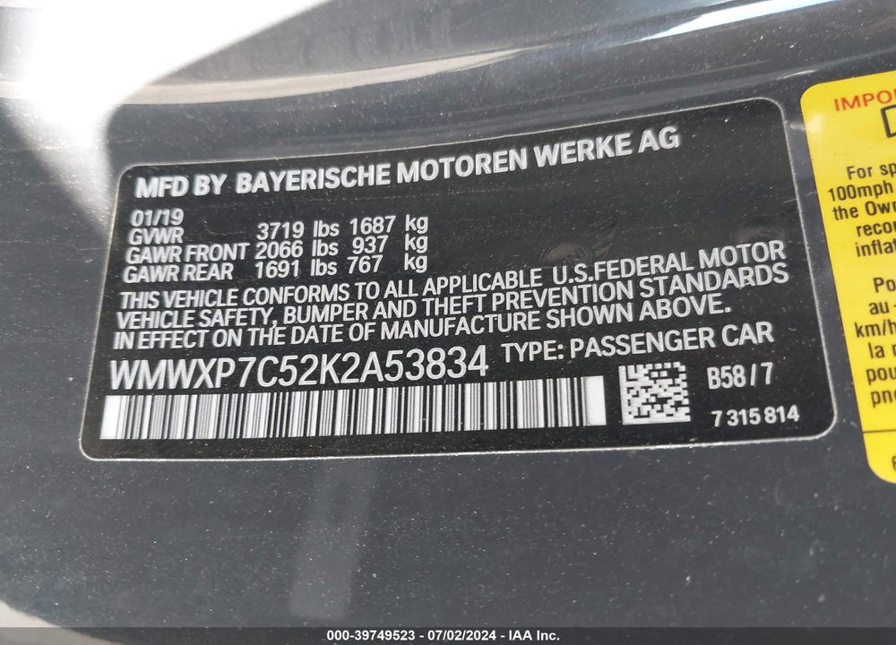 2019 MINI HARDTOP COOPER S VIN: WMWXP7C52K2A53834