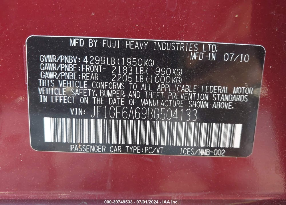 2011 SUBARU IMPREZA 2.5I VIN: JF1GE6A69BG504133