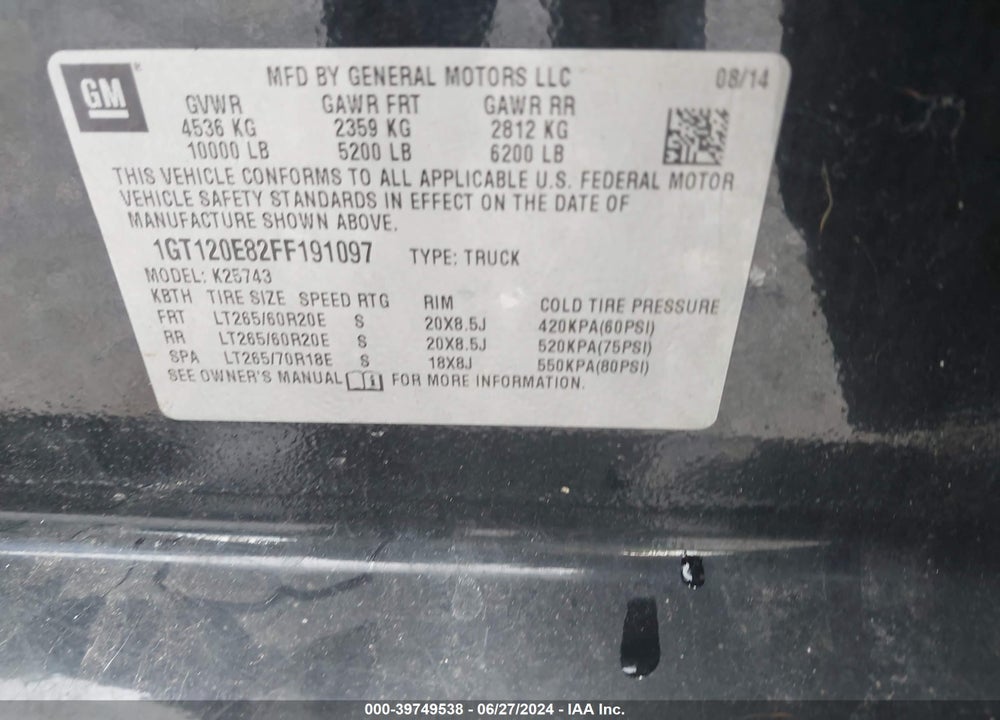 2015 GMC SIERRA 2500HD DENALI VIN: 1GT120E82FF191097