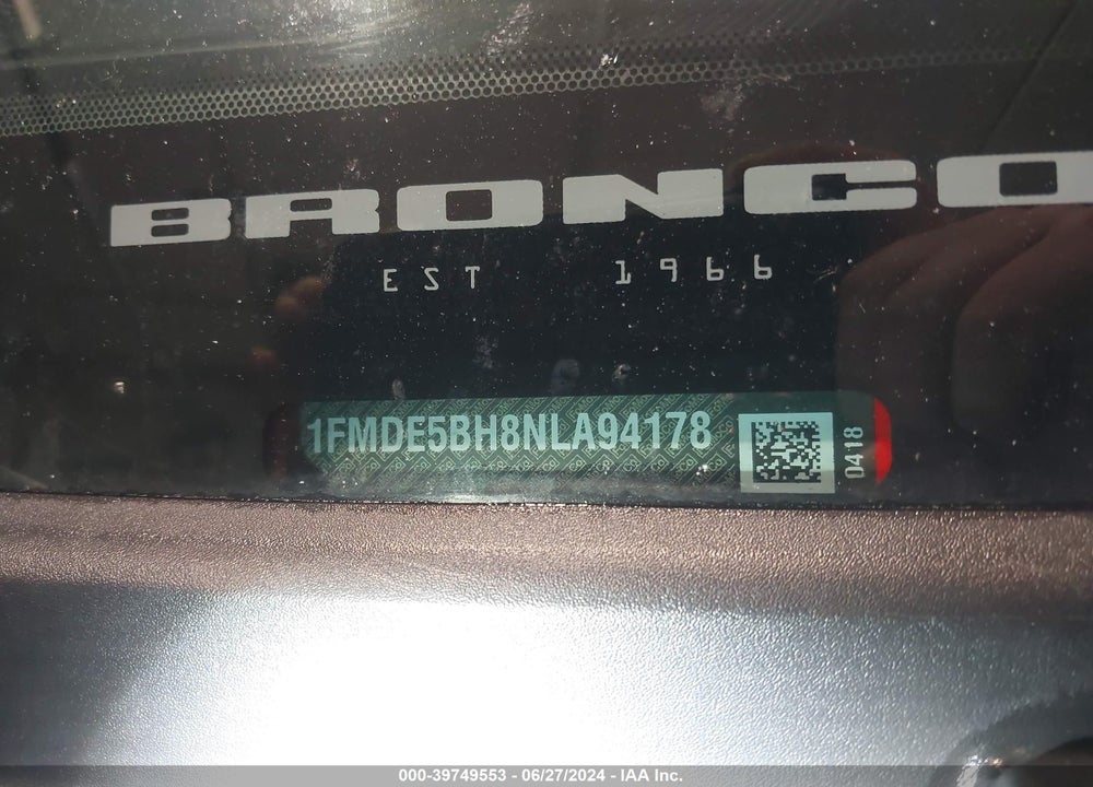 2022 FORD BRONCO BIG BEND VIN: 1FMDE5BH8NLA94178