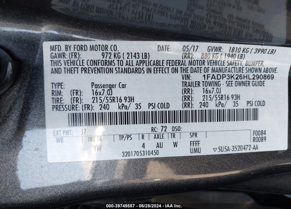 2017 FORD FOCUS SE VIN: 1FADP3K26HL290869