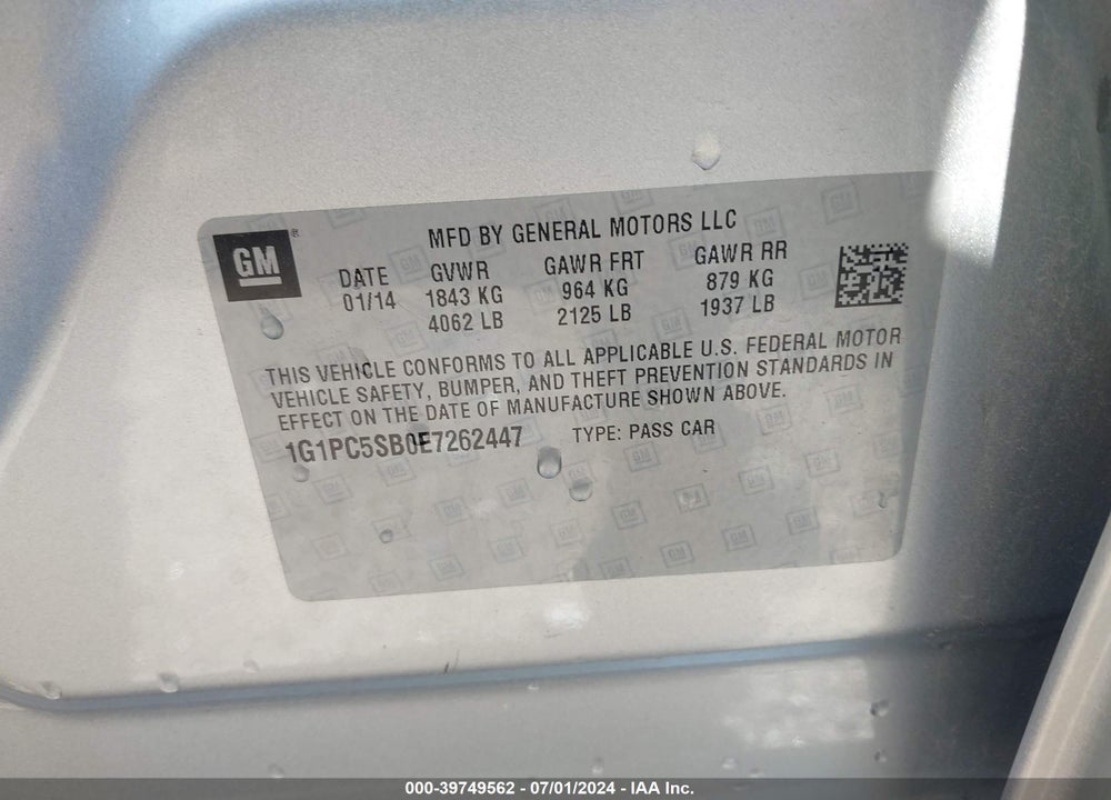 2014 CHEVROLET CRUZE 1LT AUTO VIN: 1G1PC5SB0E7262447