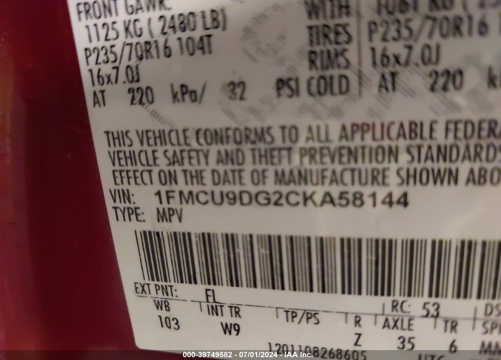 2012 FORD ESCAPE XLT VIN: 1FMCU9DG2CKA58144