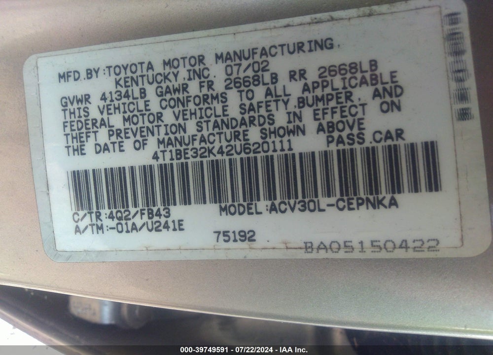 2002 TOYOTA CAMRY LE VIN: 4T1BE32K42U620111