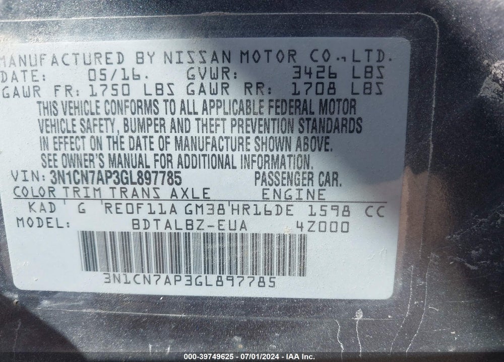 2016 NISSAN VERSA 1.6 S/1.6 S+/1.6 SL/1.6 SV VIN: 3N1CN7AP3GL897785