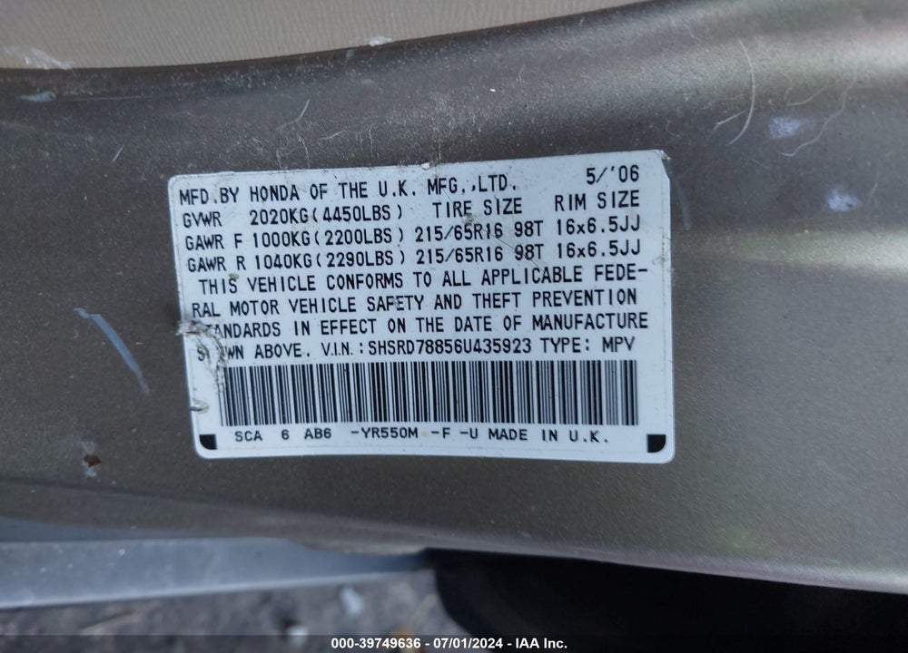 2006 HONDA CR-V EX VIN: SHSRD78856U435923
