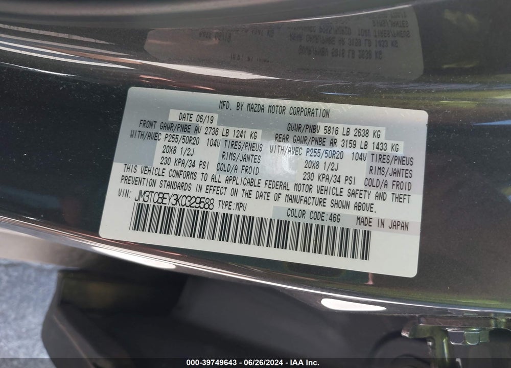 2019 MAZDA CX-9 SIGNATURE VIN: JM3TCBEY3K0329588