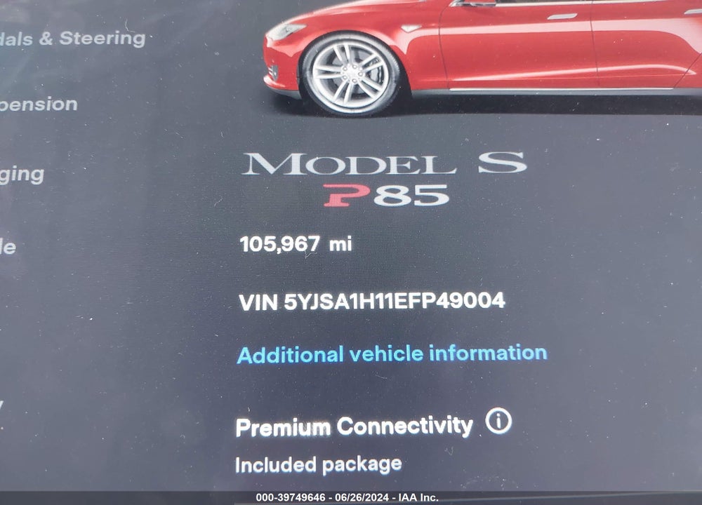 2014 TESLA MODEL S P85 VIN: 5YJSA1H11EFP49004