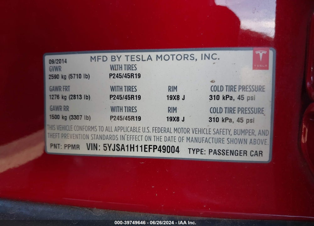 2014 TESLA MODEL S P85 VIN: 5YJSA1H11EFP49004