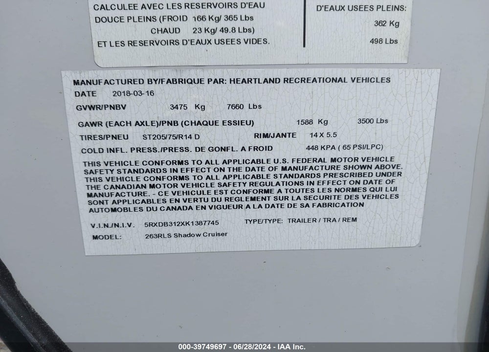 2019 CRUISER SHADOW VIN: 5RXDB312XK1387745