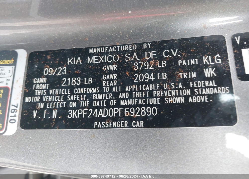 2023 KIA FORTE LXS VIN: 3KPF24AD0PE692890