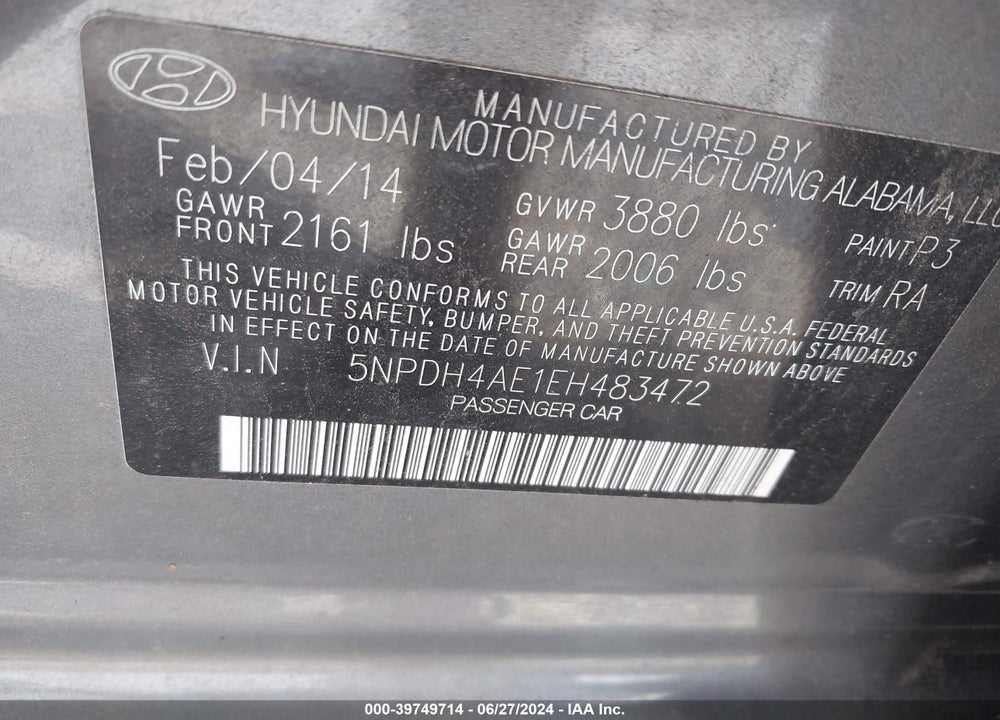 2014 HYUNDAI ELANTRA SE VIN: 5NPDH4AE1EH483472