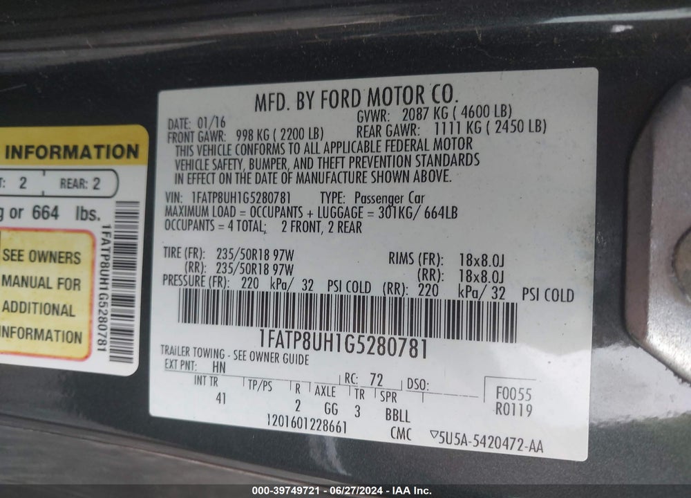 2016 FORD MUSTANG ECOBOOST PREMIUM VIN: 1FATP8UH1G5280781