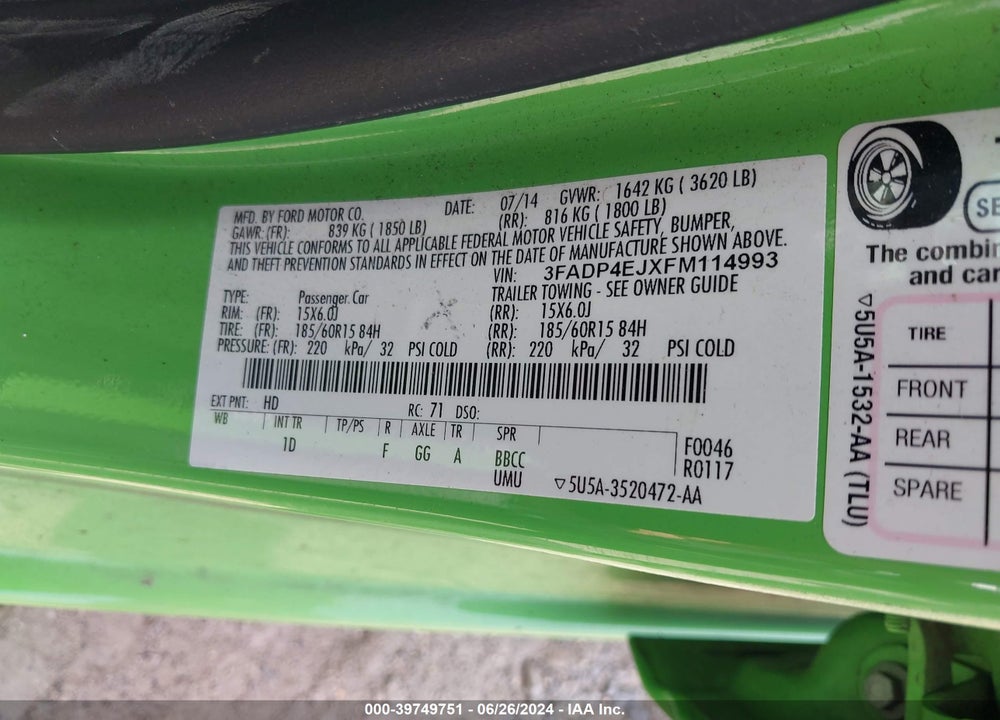 2015 FORD FIESTA SE VIN: 3FADP4EJXFM114993