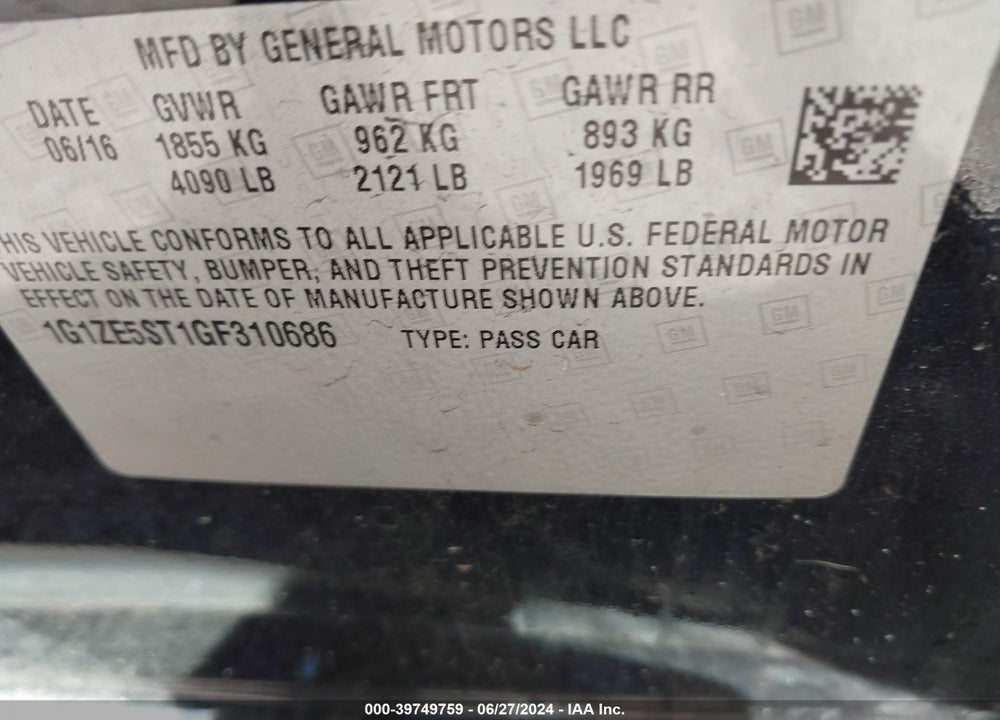 2016 CHEVROLET MALIBU 1LT VIN: 1G1ZE5ST1GF310686
