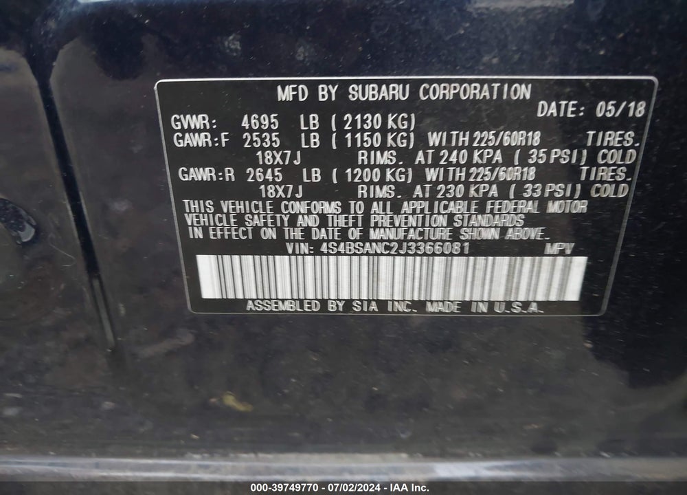 2018 SUBARU OUTBACK 2.5I LIMITED VIN: 4S4BSANC2J3366081