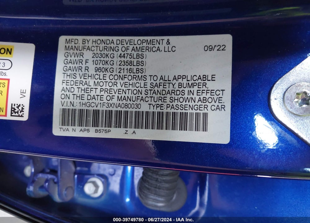 2022 HONDA ACCORD SPORT VIN: 1HGCV1F3XNA080030