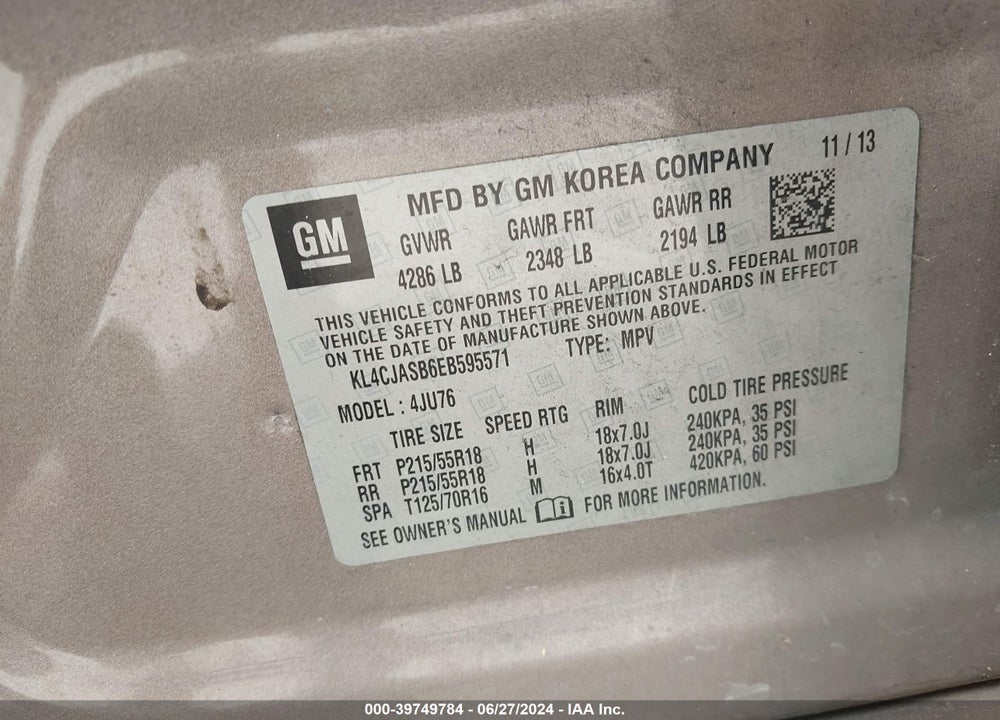 2014 BUICK ENCORE VIN: KL4CJASB6EB595571