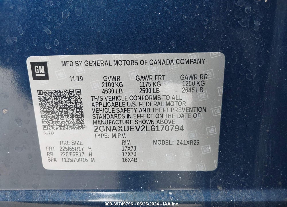2020 CHEVROLET EQUINOX AWD LT 1.5L TURBO VIN: 2GNAXUEV2L6170794