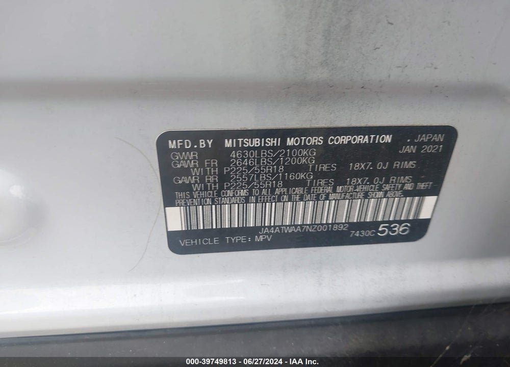 2022 MITSUBISHI ECLIPSE CROSS SE S-AWC/SE SPECIAL EDITION S-AWC/SEL S-AWC/SEL SPECIAL EDITION S-AWC VIN: JA4ATWAA7NZ001892