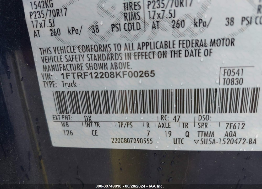 2008 FORD F-150 STX/XL/XLT VIN: 1FTRF12208KF00265